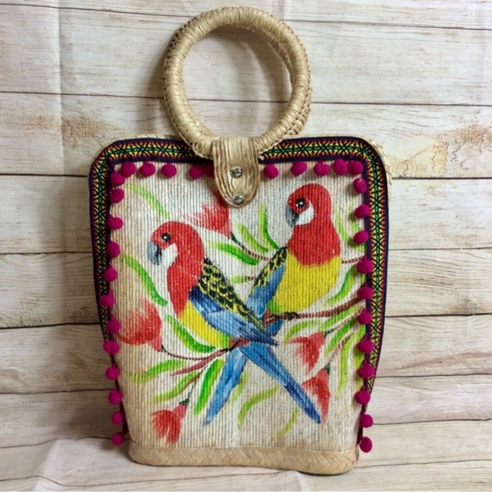 Hand painted wicker, pom-pom parrot bag